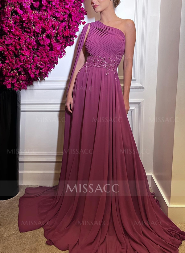 A-Line One-Shoulder Silk Like Satin Evening DressesWith Appliques Lace