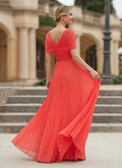 A-Line V-Neck 1/2 Sleeves Floor-Length Chiffon Evening Dresses