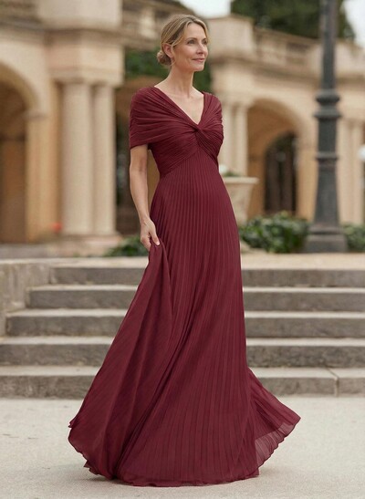 A-Line V-Neck 1/2 Sleeves Floor-Length Chiffon Evening Dresses