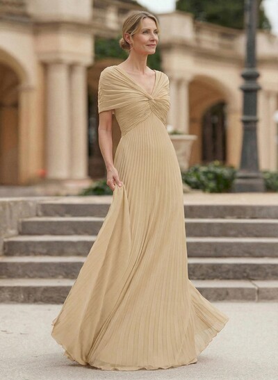 A-Line V-Neck 1/2 Sleeves Floor-Length Chiffon Evening Dresses