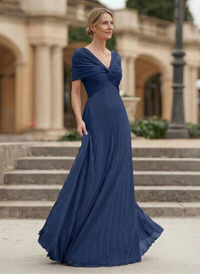 A-Line V-Neck 1/2 Sleeves Floor-Length Chiffon Evening Dresses