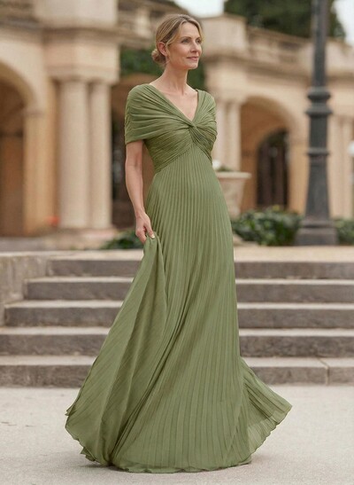 A-Line V-Neck 1/2 Sleeves Floor-Length Chiffon Evening Dresses