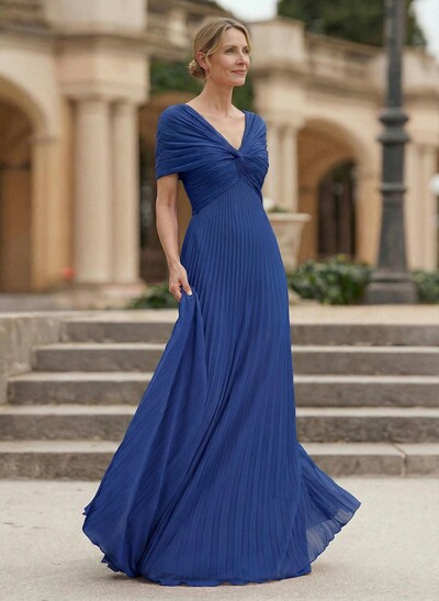 A-Line V-Neck 1/2 Sleeves Floor-Length Chiffon Evening Dresses