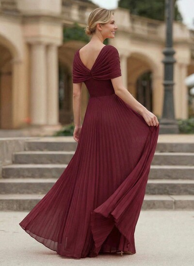A-Line V-Neck 1/2 Sleeves Floor-Length Chiffon Evening Dresses