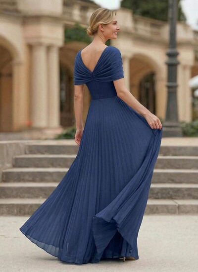 A-Line V-Neck 1/2 Sleeves Floor-Length Chiffon Evening Dresses