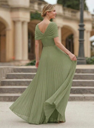 A-Line V-Neck 1/2 Sleeves Floor-Length Chiffon Evening Dresses