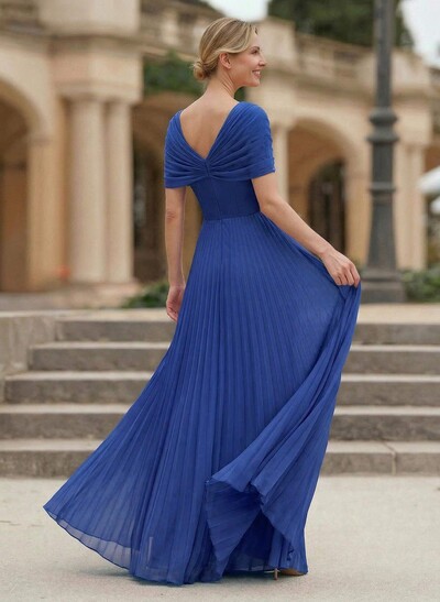 A-Line V-Neck 1/2 Sleeves Floor-Length Chiffon Evening Dresses