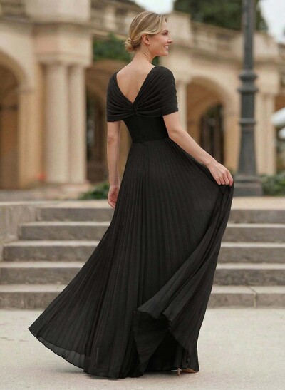 A-Line V-Neck 1/2 Sleeves Floor-Length Chiffon Evening Dresses
