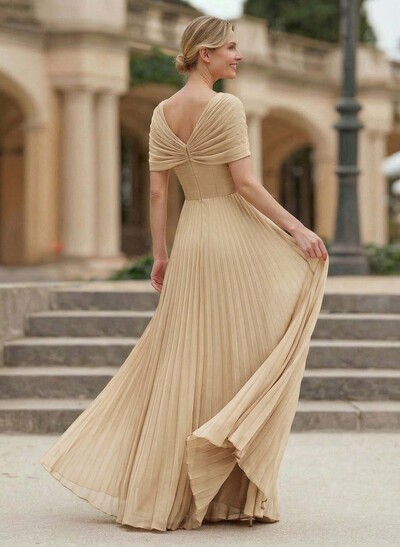 A-Line V-Neck 1/2 Sleeves Floor-Length Chiffon Evening Dresses