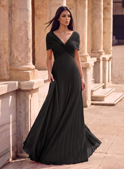 A-Line V-Neck 1/2 Sleeves Floor-Length Chiffon Evening Dresses