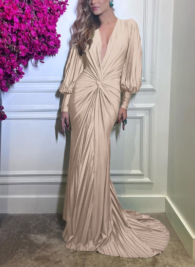 Trumpet/Mermaid V-Neck Long Sleeves Silk Like Satin Evening Dresses