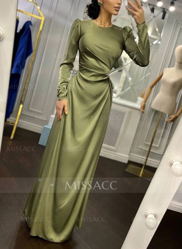 Sheath Long Sleeves Silk Like Satin Evening Dresses With Split Front