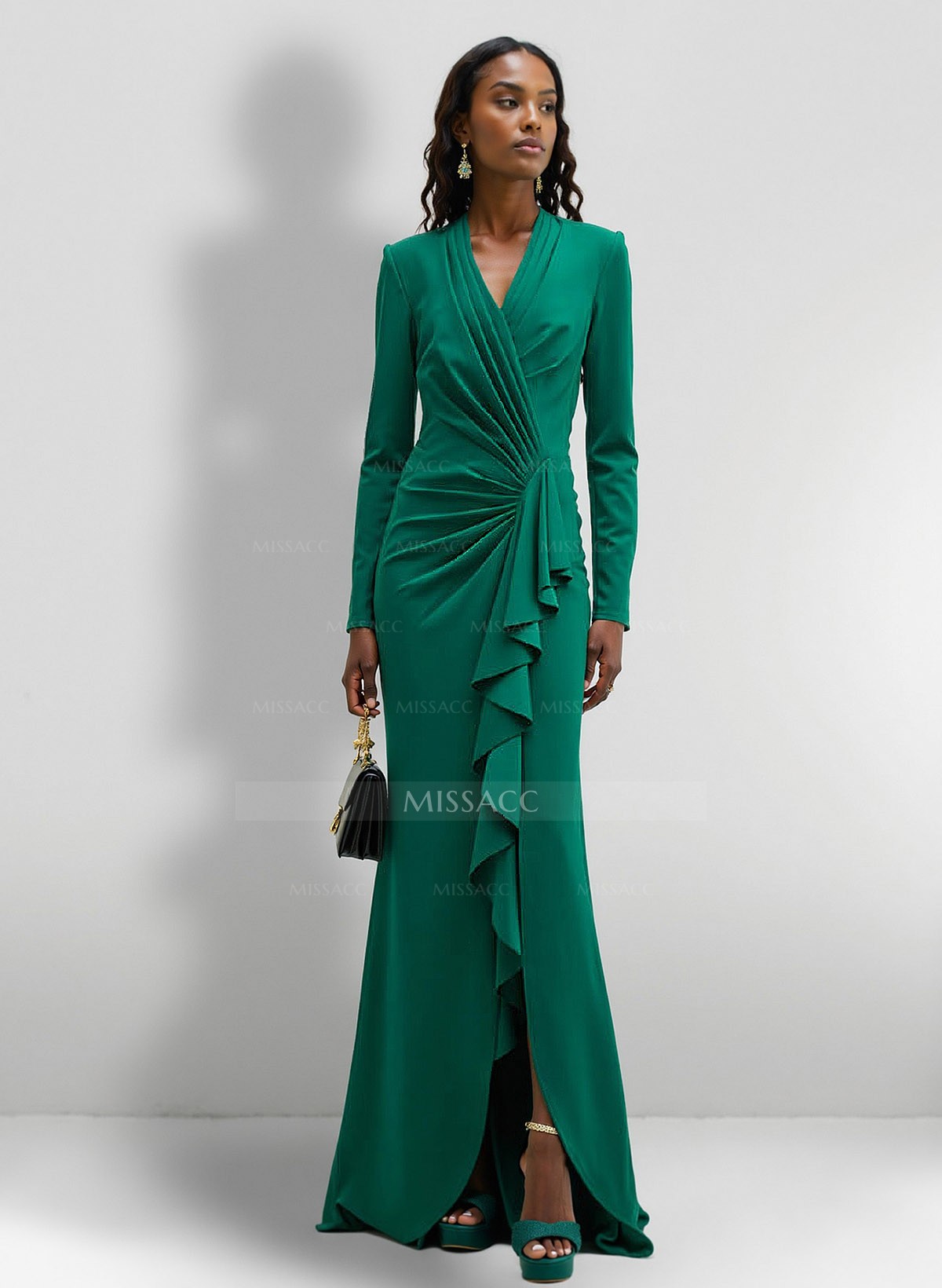 V-Neck Long Sleeves Ruffles Evening Dresses With Split Front