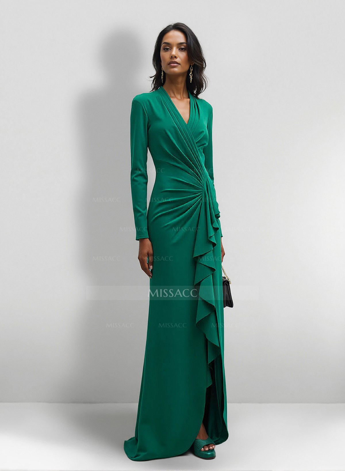 V-Neck Long Sleeves Ruffles Evening Dresses With Split Front