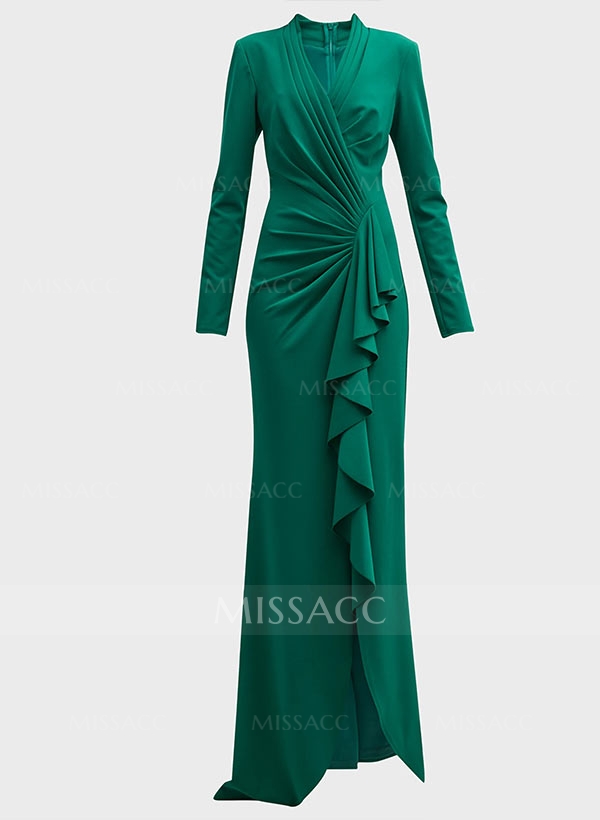 V-Neck Long Sleeves Ruffles Evening Dresses With Split Front