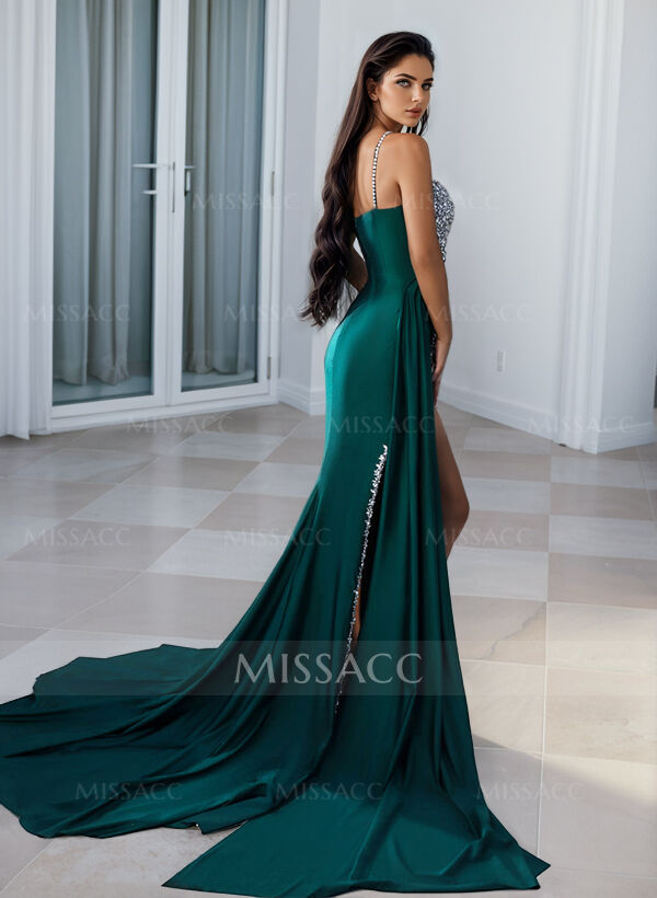 Sheath/Column Sweetheart Sweep Train Silk Like Satin Evening Dresses With Split Front