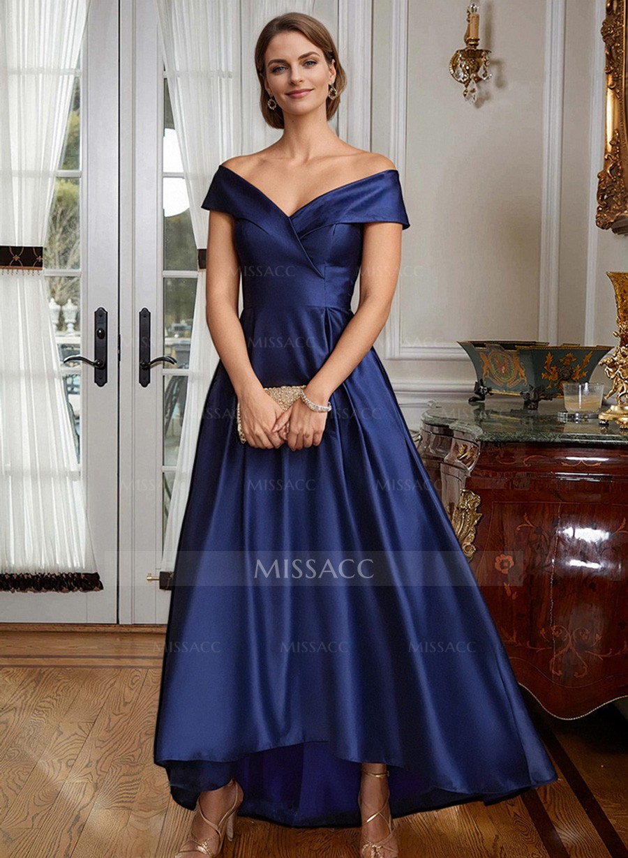 Blue Cap Shoulder Satin High Low Evening Dresses