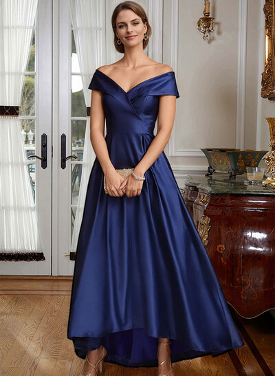 Blue Cap Shoulder Satin High Low Evening Dresses