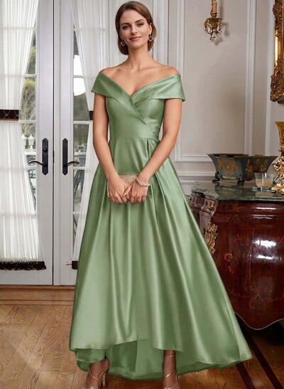 Blue Cap Shoulder Satin High Low Evening Dresses