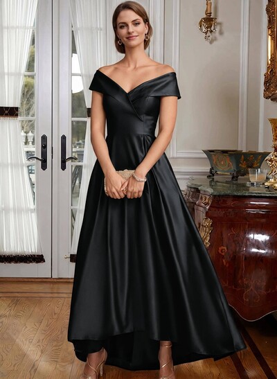 Blue Cap Shoulder Satin High Low Evening Dresses
