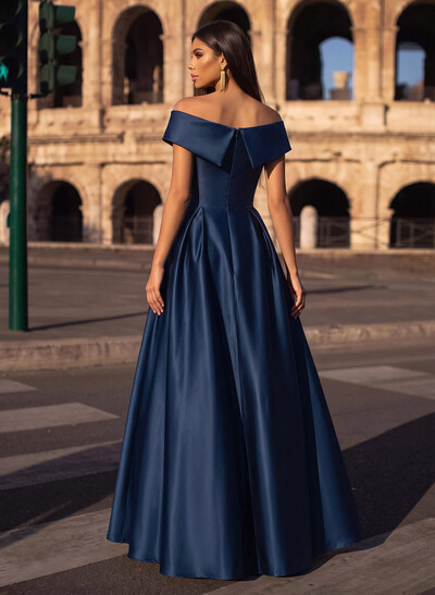 Blue Cap Shoulder Satin High Low Evening Dresses