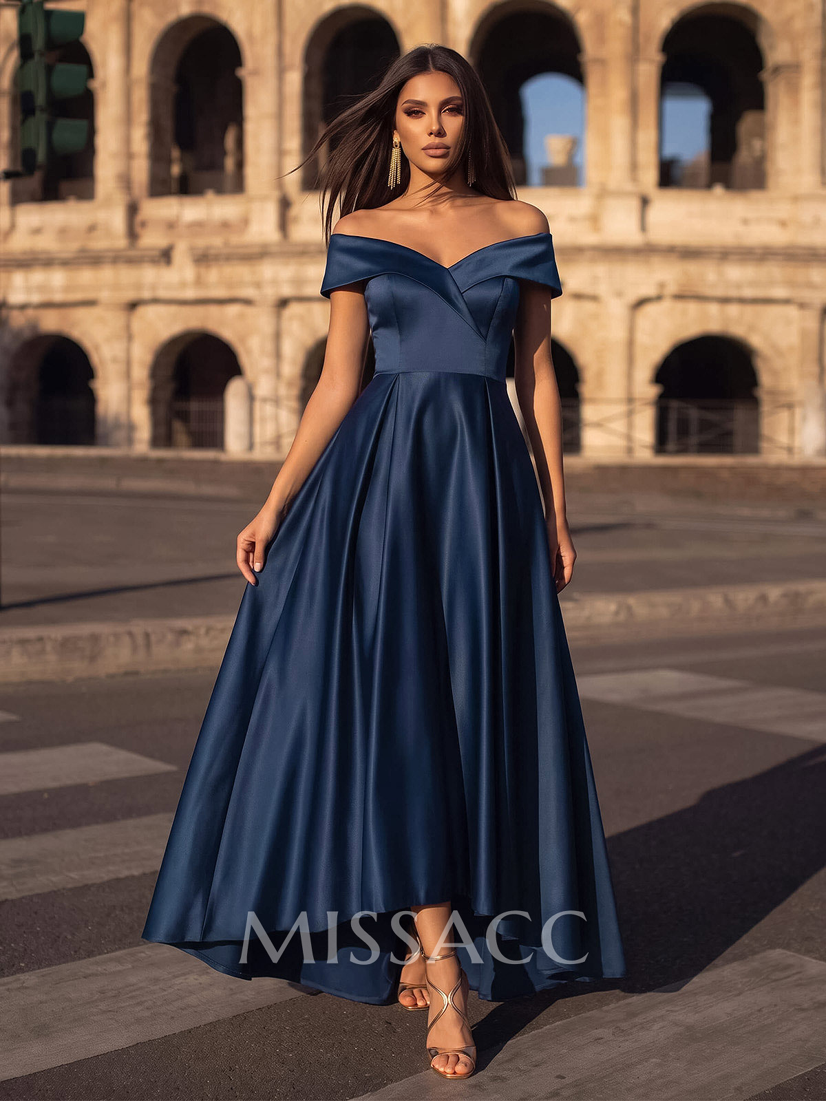 Blue Cap Shoulder Satin High Low Evening Dresses