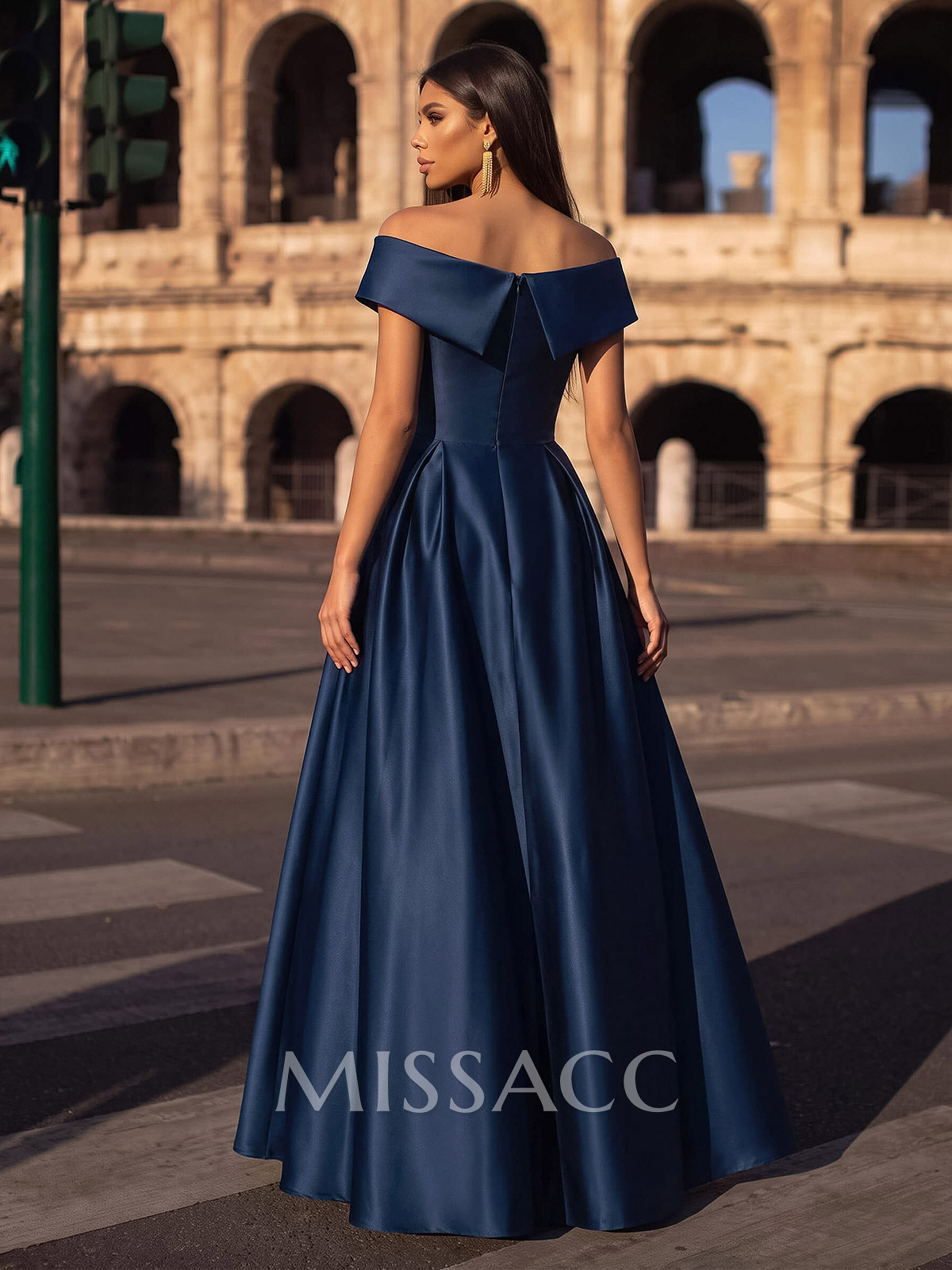 Blue Cap Shoulder Satin High Low Evening Dresses