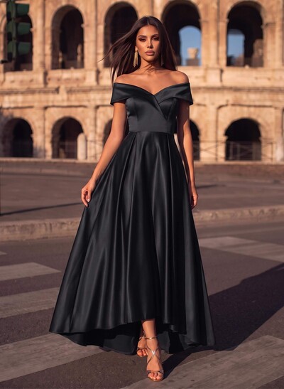 Blue Cap Shoulder Satin High Low Evening Dresses