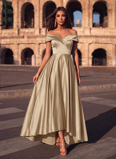 Blue Cap Shoulder Satin High Low Evening Dresses