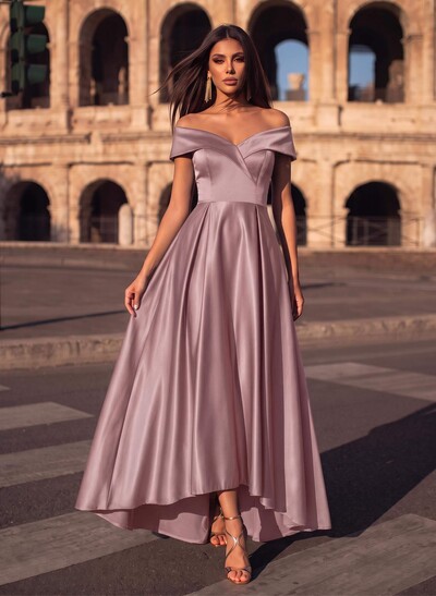 Blue Cap Shoulder Satin High Low Evening Dresses