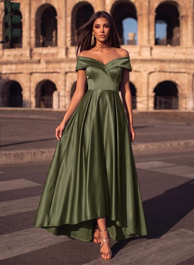 Blue Cap Shoulder Satin High Low Evening Dresses