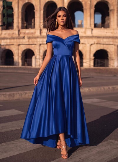 Blue Cap Shoulder Satin High Low Evening Dresses
