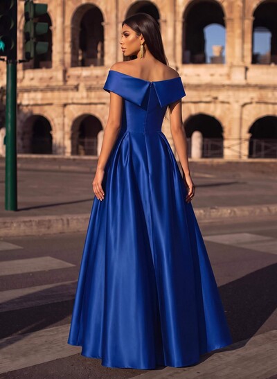 Blue Cap Shoulder Satin High Low Evening Dresses