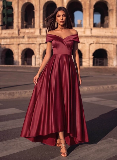 Blue Cap Shoulder Satin High Low Evening Dresses