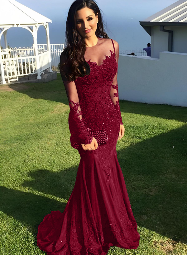 Trumpet/Mermaid Illusion Neck Sweep Train Evening Dresses With Appliques Lace