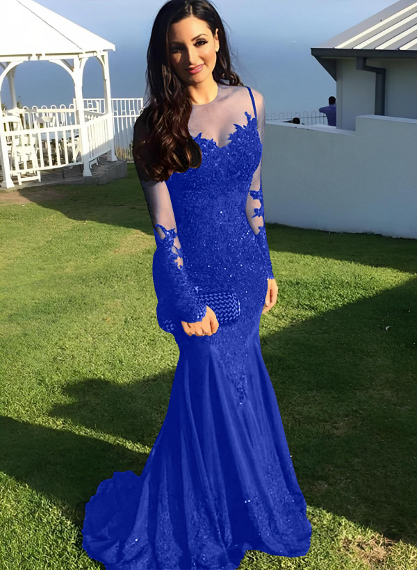 Trumpet/Mermaid Illusion Neck Sweep Train Evening Dresses With Appliques Lace