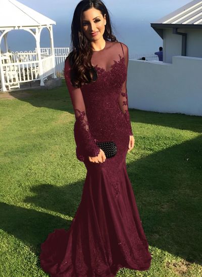 Trumpet/Mermaid Illusion Neck Sweep Train Evening Dresses With Appliques Lace