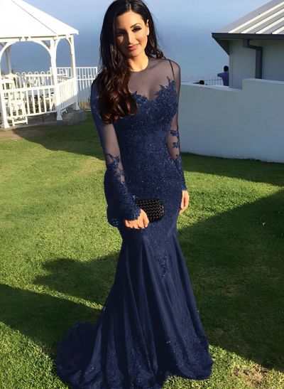 Trumpet/Mermaid Illusion Neck Sweep Train Evening Dresses With Appliques Lace