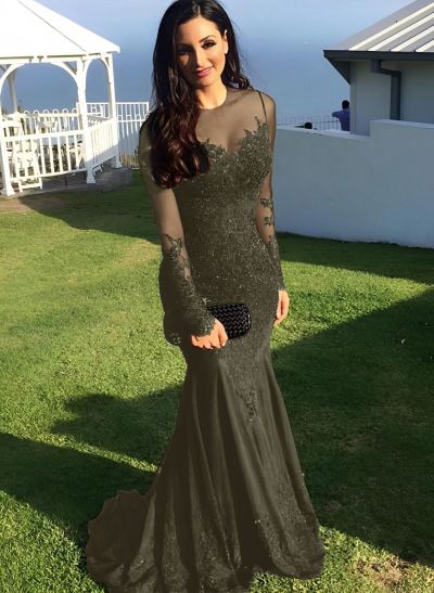 Trumpet/Mermaid Illusion Neck Sweep Train Evening Dresses With Appliques Lace