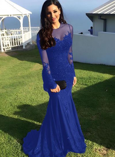 Trumpet/Mermaid Illusion Neck Sweep Train Evening Dresses With Appliques Lace