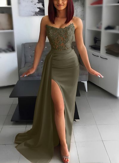 Exquisite Semi Sheer Illusion Floral Embroidered Corset Evening Dresses With High Split