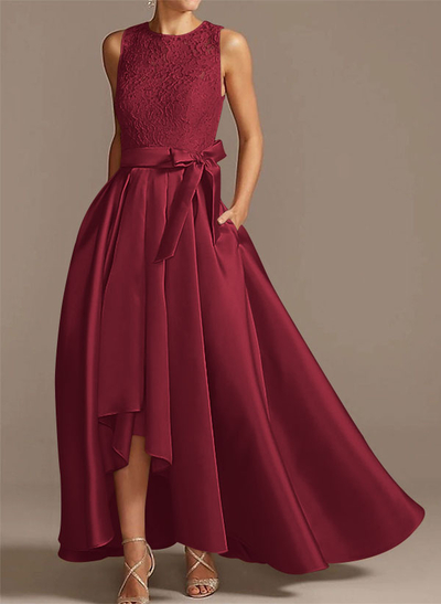 A-Line Scoop Neck Lace/Satin Evening Dresses With Pockets