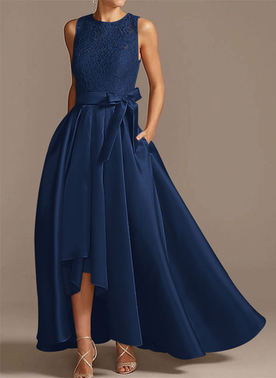A-Line Scoop Neck Lace/Satin Evening Dresses With Pockets