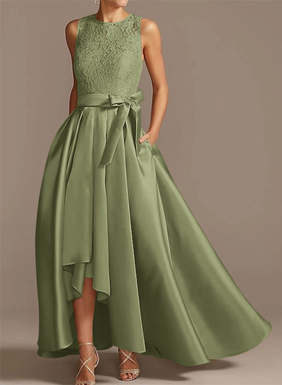 A-Line Scoop Neck Lace/Satin Evening Dresses With Pockets