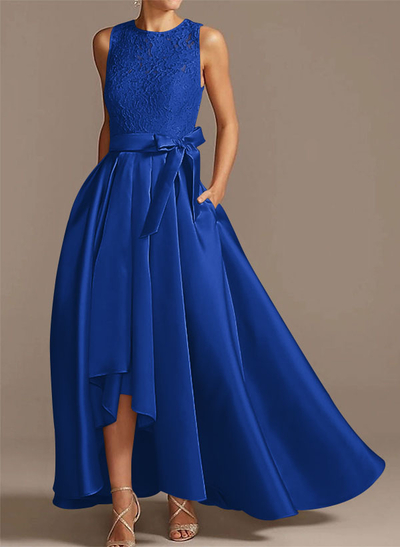 A-Line Scoop Neck Lace/Satin Evening Dresses With Pockets