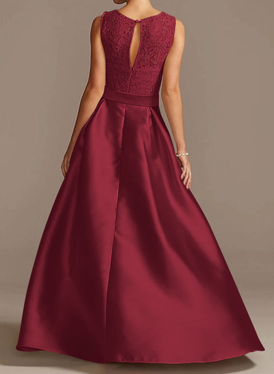 A-Line Scoop Neck Lace/Satin Evening Dresses With Pockets
