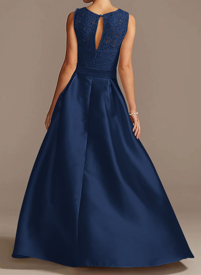 A-Line Scoop Neck Lace/Satin Evening Dresses With Pockets