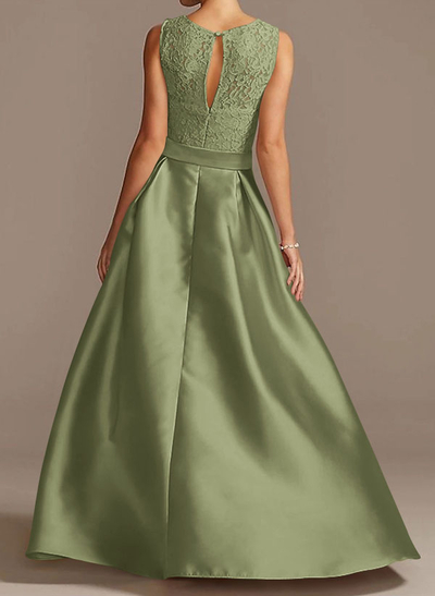 A-Line Scoop Neck Lace/Satin Evening Dresses With Pockets