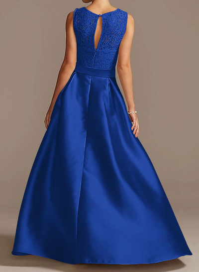 A-Line Scoop Neck Lace/Satin Evening Dresses With Pockets