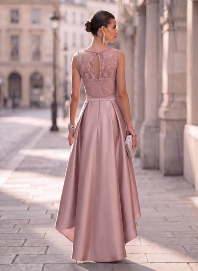 A-Line Scoop Neck Lace/Satin Evening Dresses With Pockets